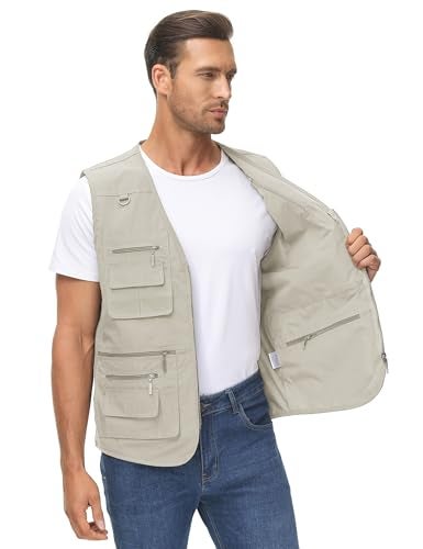 Lentta Men's Fishing Vest Summer Outdoor Work Safari Photo Cargo Vest 14 Pockets(PoplinBeige-M) - Image 5