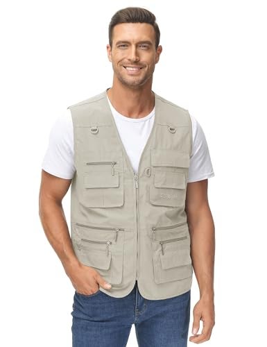 Lentta Men's Fishing Vest Summer Outdoor Work Safari Photo Cargo Vest 14 Pockets(PoplinBeige-M) - Image 4