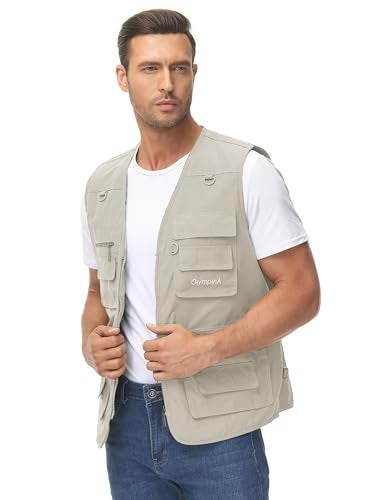 Lentta Men's Fishing Vest Summer Outdoor Work Safari Photo Cargo Vest 14 Pockets(PoplinBeige-M) - Image 2