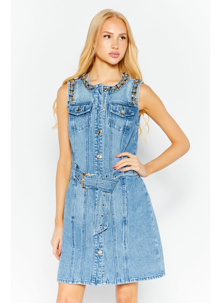 Michael Kors Women Washed Denim Mini Dress, Blue  - Image 1