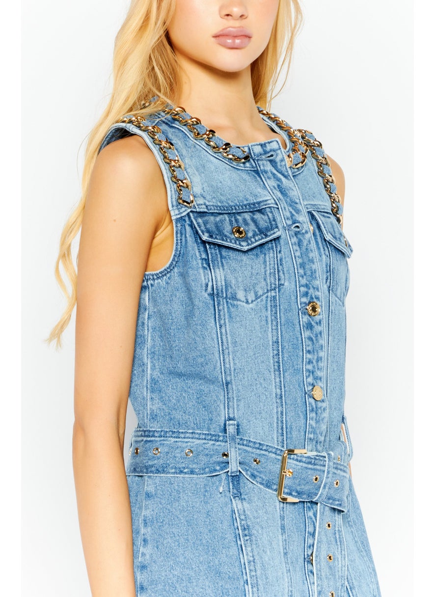 Michael Kors Women Washed Denim Mini Dress, Blue  - Image 3