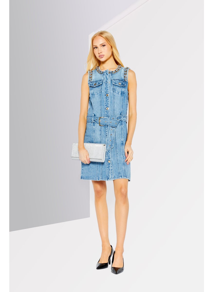 Michael Kors Women Washed Denim Mini Dress, Blue  - Image 2