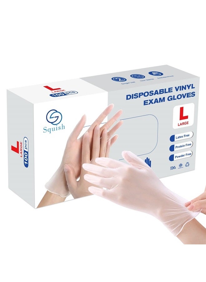 squish Disposable Gloves, Clear Vinyl Gloves Latex Free Powder-Free Glove Cleaning Rubber Gloves Health Gloves for Kitchen Cooking Cleaning Food Handling, 100PCS/Box, Large - Image 1