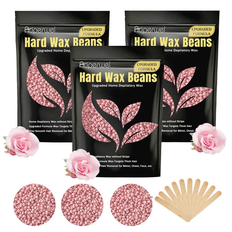 Auperwel Painless Hard Wax Beans for Hair Removal, 10.5oz Upgraded Formula for Face, Eyebrow, Brazilian Bikini with 10 Applicators (3 Rose) - Image 1