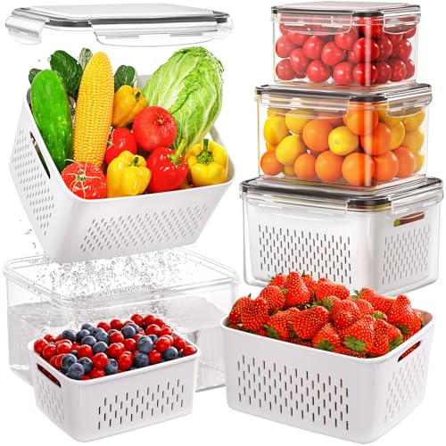 Winproper 4 PCS Fruit Storage Containers for Fridge Produce Containers for Fridge with Removable Colander AllInOne Fruit Washing Bowl with Strainer MicrowaveDishwasher Safe for Salad Berry Lettuce Keeper - Image 1