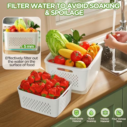 Winproper 4 PCS Fruit Storage Containers for Fridge Produce Containers for Fridge with Removable Colander AllInOne Fruit Washing Bowl with Strainer MicrowaveDishwasher Safe for Salad Berry Lettuce Keeper - Image 3