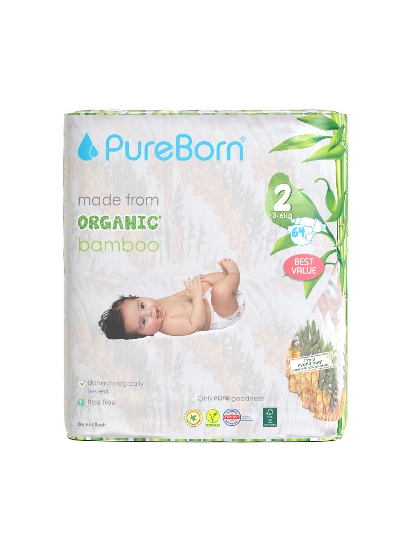 PureBorn Organic Baby Tape Style Diapers Size-2 3-6 kg Pineapple Print 64 Diapers - Image 1