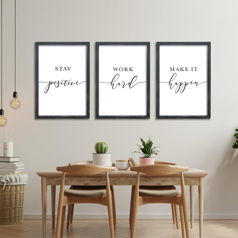 RLWangChao Inspirational Quotes Wall Art Decor 11"X16" 3 Piece Modren Office Stay Positive Work Hard Make It Happen Motivational Wood Framed Sign Living Room Positive Wall Hanging Decoration (Black) - Image 3