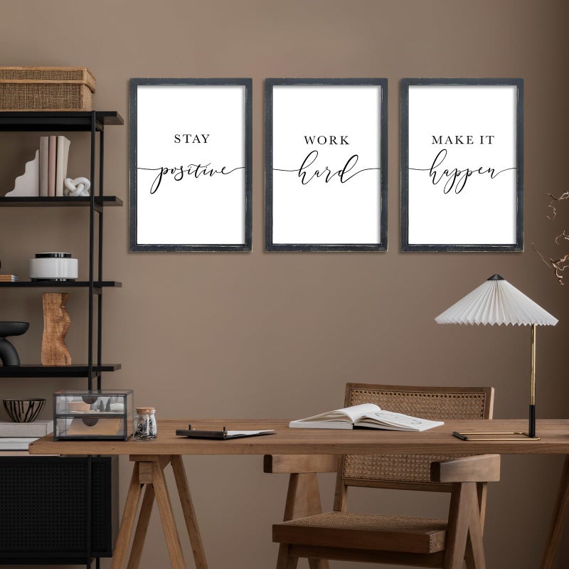 RLWangChao Inspirational Quotes Wall Art Decor 11"X16" 3 Piece Modren Office Stay Positive Work Hard Make It Happen Motivational Wood Framed Sign Living Room Positive Wall Hanging Decoration (Black) - Image 4