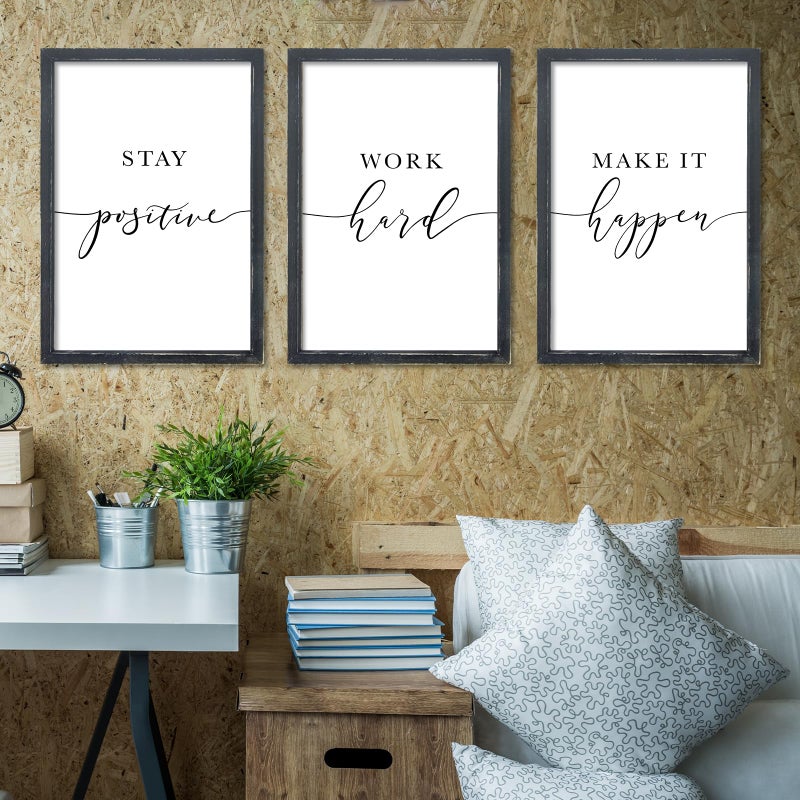 RLWangChao Inspirational Quotes Wall Art Decor 11"X16" 3 Piece Modren Office Stay Positive Work Hard Make It Happen Motivational Wood Framed Sign Living Room Positive Wall Hanging Decoration (Black) - Image 1
