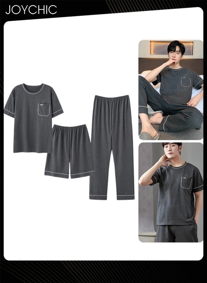 Joychic 3 Piece Solid Color Men Pajamas Short-sleeved +Shorts+ Trouser Set Casual Modal Breathable Wear-resistant Sleepwear Youth Homewear for Spring Summer Autumn Dark Grey - Image 1