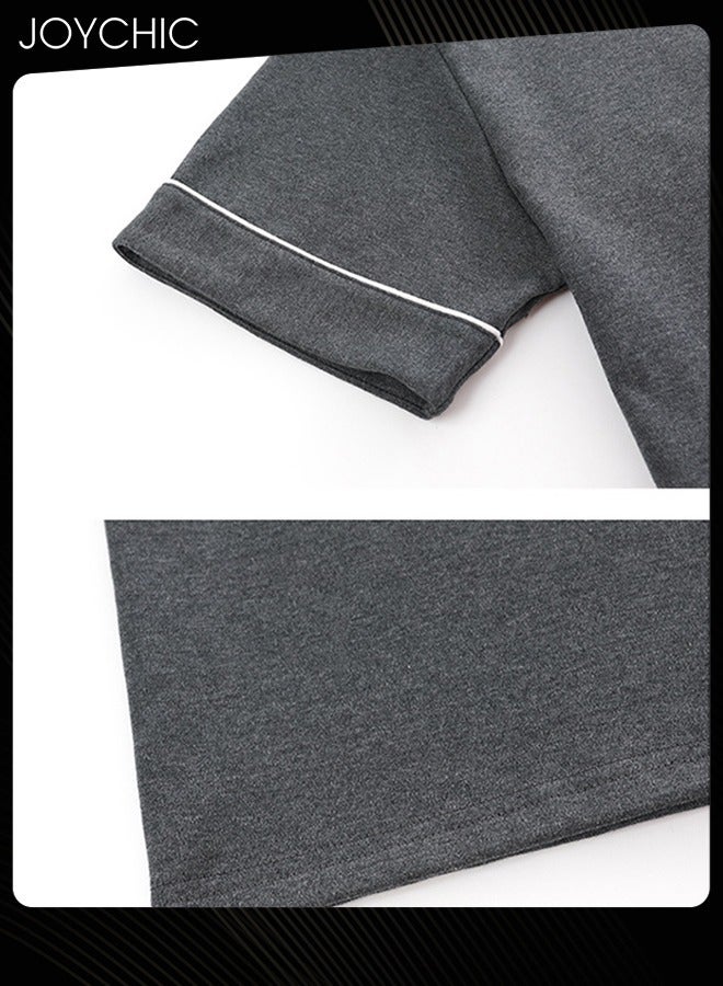 Joychic 3 Piece Solid Color Men Pajamas Short-sleeved +Shorts+ Trouser Set Casual Modal Breathable Wear-resistant Sleepwear Youth Homewear for Spring Summer Autumn Dark Grey - Image 4