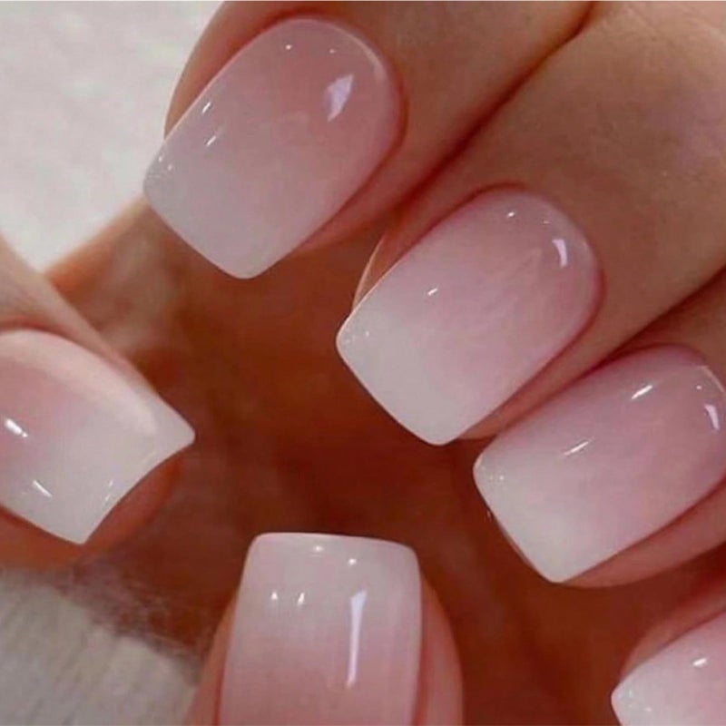 WAFOLOZE Nails Press ons,White Ombre Short Square Press on Nails Fake Nails Glossy Acrylic Artificial Nails Stick on Nails for Women 24Pcs - Image 1