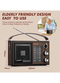 Generic Radio Portable AM FM Radio Vintage Retro Bluetooth5.1 Speaker Built In Rechargeable Battery Plug In Wall Or D Battery Operated Radio PU Leather Handle With Aux In Headphone Jack  - Image 5
