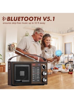 Generic Radio Portable AM FM Radio Vintage Retro Bluetooth5.1 Speaker Built In Rechargeable Battery Plug In Wall Or D Battery Operated Radio PU Leather Handle With Aux In Headphone Jack  - Image 2