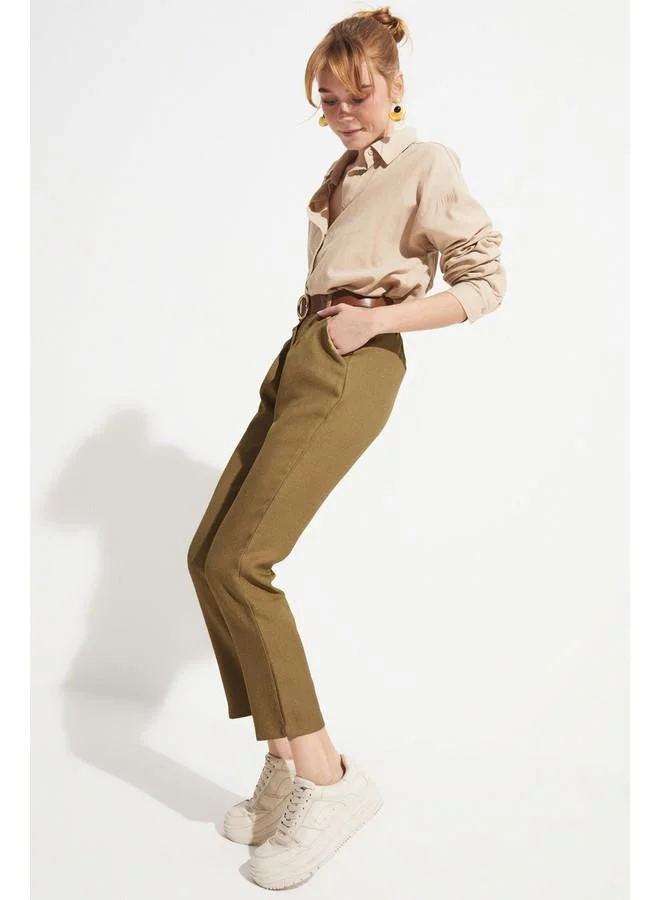 جون June Belted Pleated Detailed Trouser Khaki
