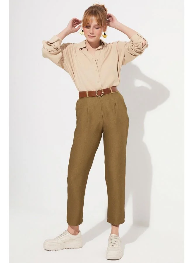 جون June Belted Pleated Detailed Trouser Khaki