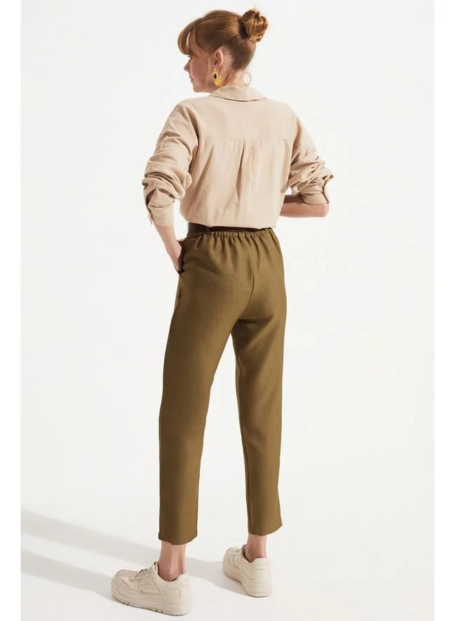 جون June Belted Pleated Detailed Trouser Khaki