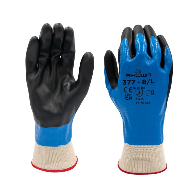 SHOWA 845-377L-08 Nitrile Foam Coated Gloves with Polyester/Nylon Knit Liner, Blue, Large (Pack of 12 Pairs) - Image 1