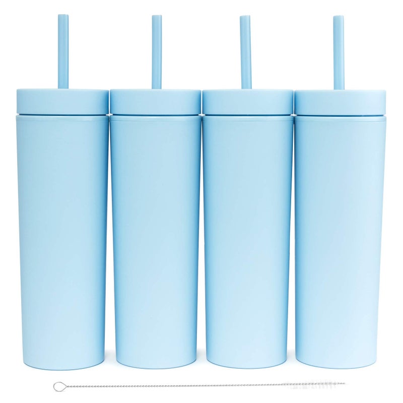 STRATA CUPS Perwinkle Skinny Tumblers with Lids and Straws 4 pack 16oz Matte Pastel Colored Acrylic Tumblers with Lids and Straws Double Wall Skinny Tumbler Bulk Reusable Cup with Straw Cleaner