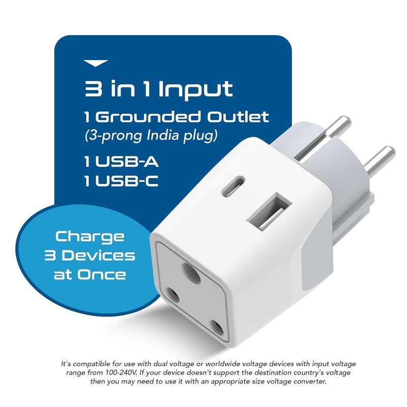Ceptics محول السفر Ceptics من الهند إلى أوروبا 3 في 1 محول ألمانيا فرنسا Schuko مع 1 USB 1 USBC نوع EF محول السفر لأوروبا لأجهزة اللابتوب والهواتف CE RoHS أبيض 1 قطعة - Image 5