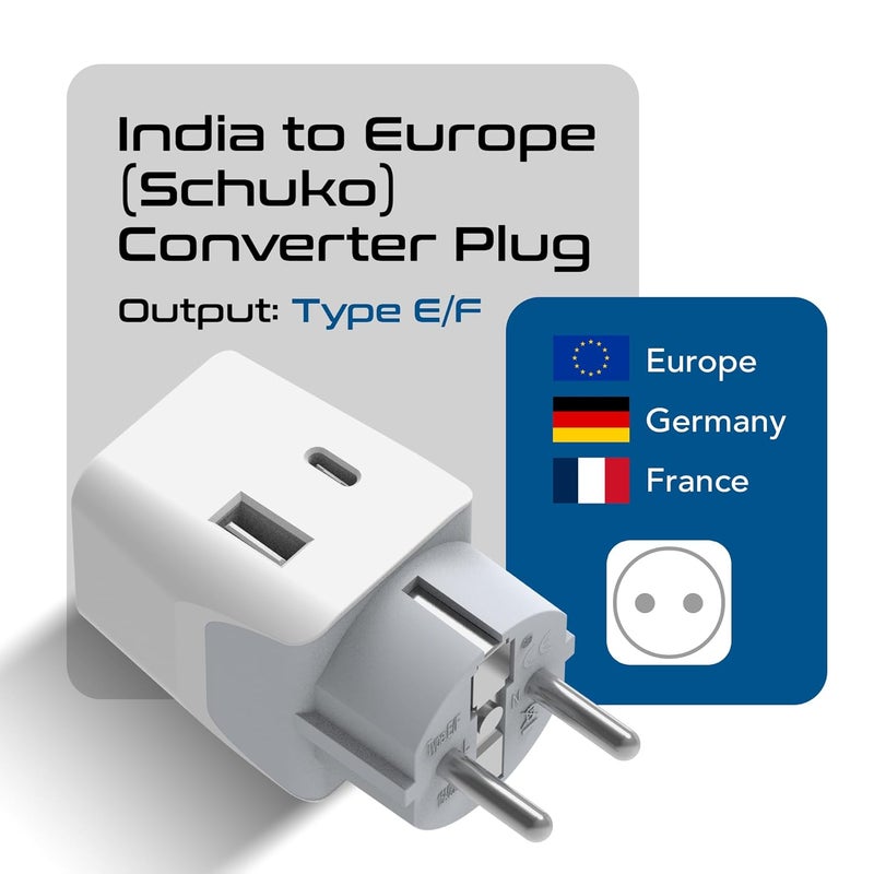 Ceptics محول السفر Ceptics من الهند إلى أوروبا 3 في 1 محول ألمانيا فرنسا Schuko مع 1 USB 1 USBC نوع EF محول السفر لأوروبا لأجهزة اللابتوب والهواتف CE RoHS أبيض 1 قطعة - Image 2