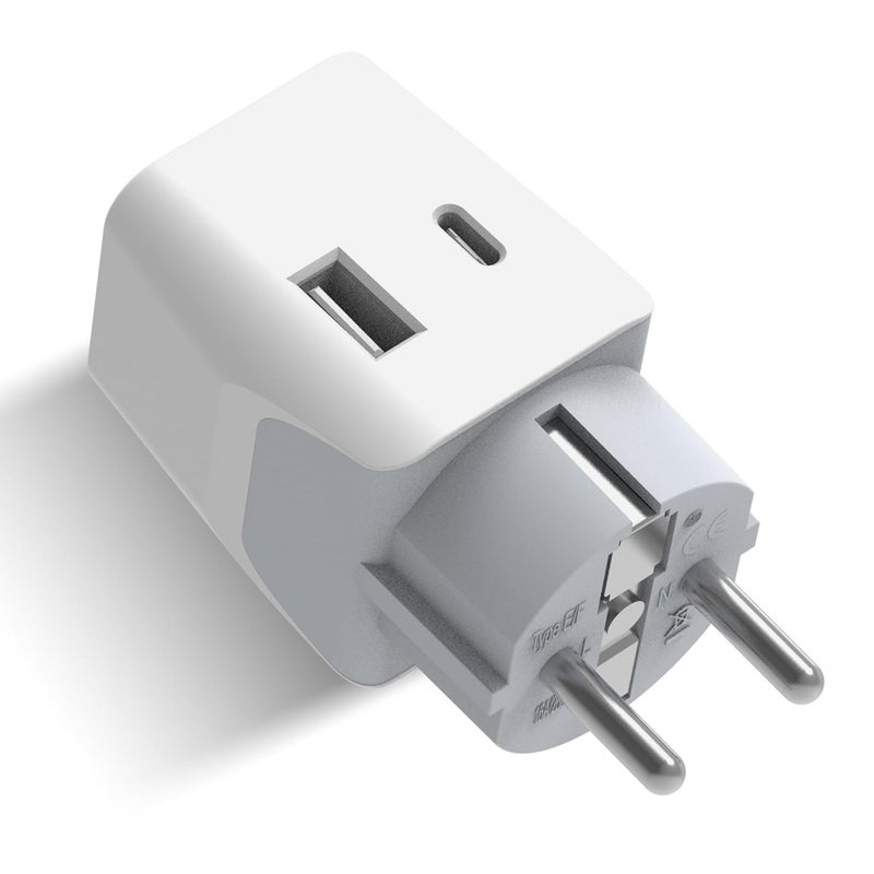 Ceptics محول السفر Ceptics من الهند إلى أوروبا 3 في 1 محول ألمانيا فرنسا Schuko مع 1 USB 1 USBC نوع EF محول السفر لأوروبا لأجهزة اللابتوب والهواتف CE RoHS أبيض 1 قطعة - Image 1