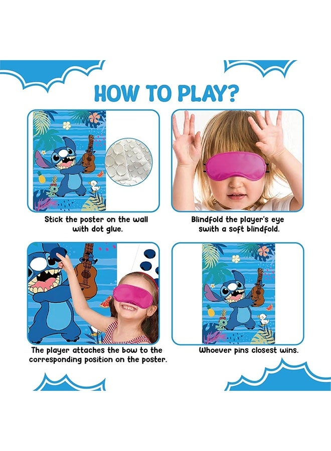 Lilo & Stitch Cute Party Decorations - Cartoon Party Supplies Include Large Poster with 24 Pcs Bow Stickers, Pin The Nose Sticker Party Game for Boy Girls Birthday Favors (Blue) - Image 5