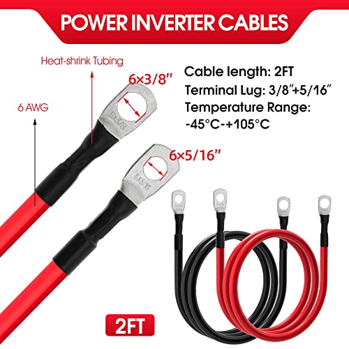TUELETFU كابلات بطارية 6 AWG كابلات محول طاقة 6 قياس مع لقم 3/8 بوصة و 5/16 بوصة في كل طرف لسيارات الطاقة الشمسية البحرية RV والسيارات والشاحنات والجرارات والدراجات النارية 2 قطعة (2 قدم، 6 AWG) - Image 2