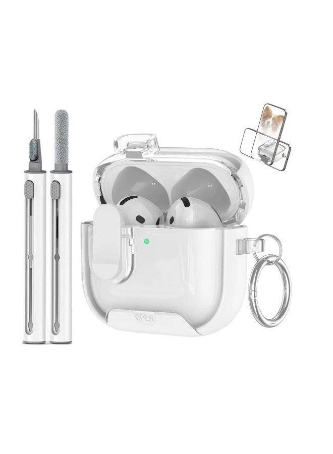 AJKMEN for AirPods Pro 3 features a design with a magnetic lid, equipped with a phone stand and anti-drop lock. It comes with a cleaning kit and a metal clasp. The Apple Pro 3 case supports wireless charging. White. - Image 1