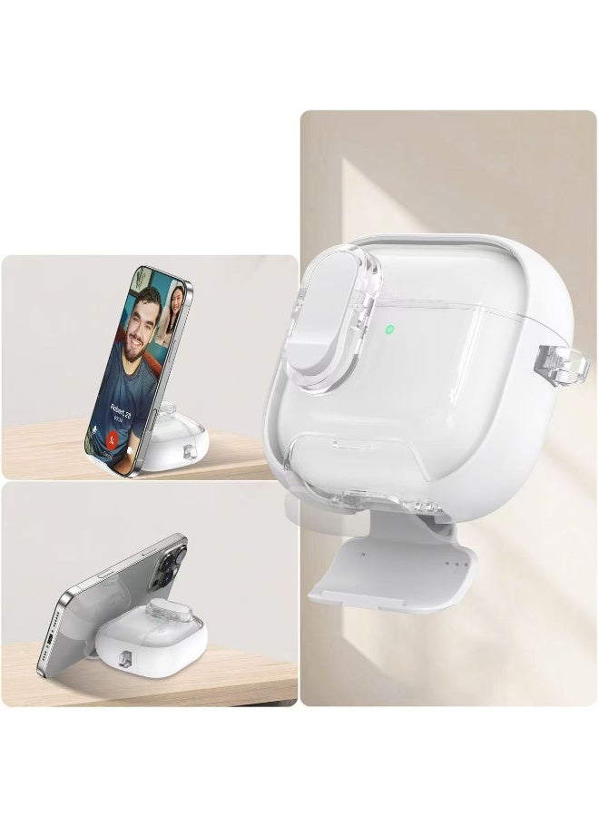 AJKMEN for AirPods Pro 3 features a design with a magnetic lid, equipped with a phone stand and anti-drop lock. It comes with a cleaning kit and a metal clasp. The Apple Pro 3 case supports wireless charging. White. - Image 5