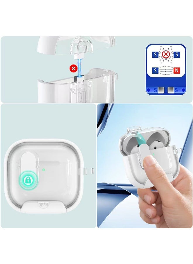 AJKMEN for AirPods Pro 3 features a design with a magnetic lid, equipped with a phone stand and anti-drop lock. It comes with a cleaning kit and a metal clasp. The Apple Pro 3 case supports wireless charging. White. - Image 4