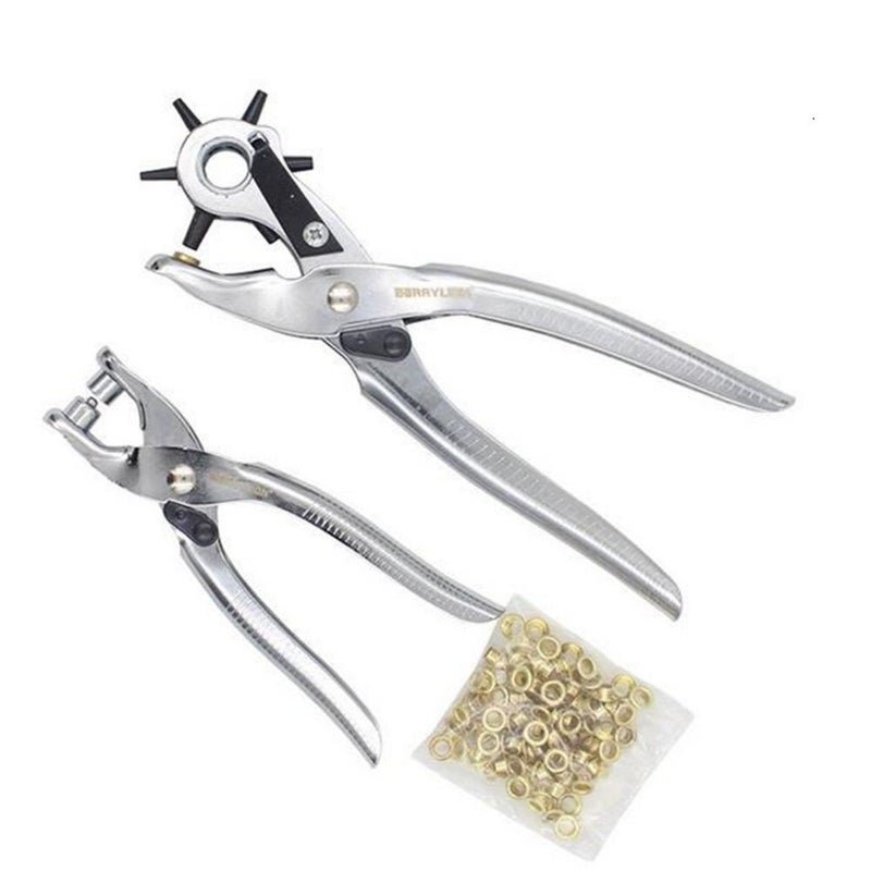 DEDSO Dedso VisKing 2pc Silver MultiFunction Metal Handheld Revolving Pliers Leather Belt Hole Punch Tool Puncher Grommet Setting Kit Set  - Image 1