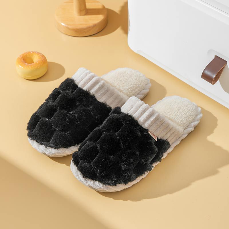 Cozy Cotton Slippers for Couples Indoor Plush Warm Anti-Slip Hexagon Black