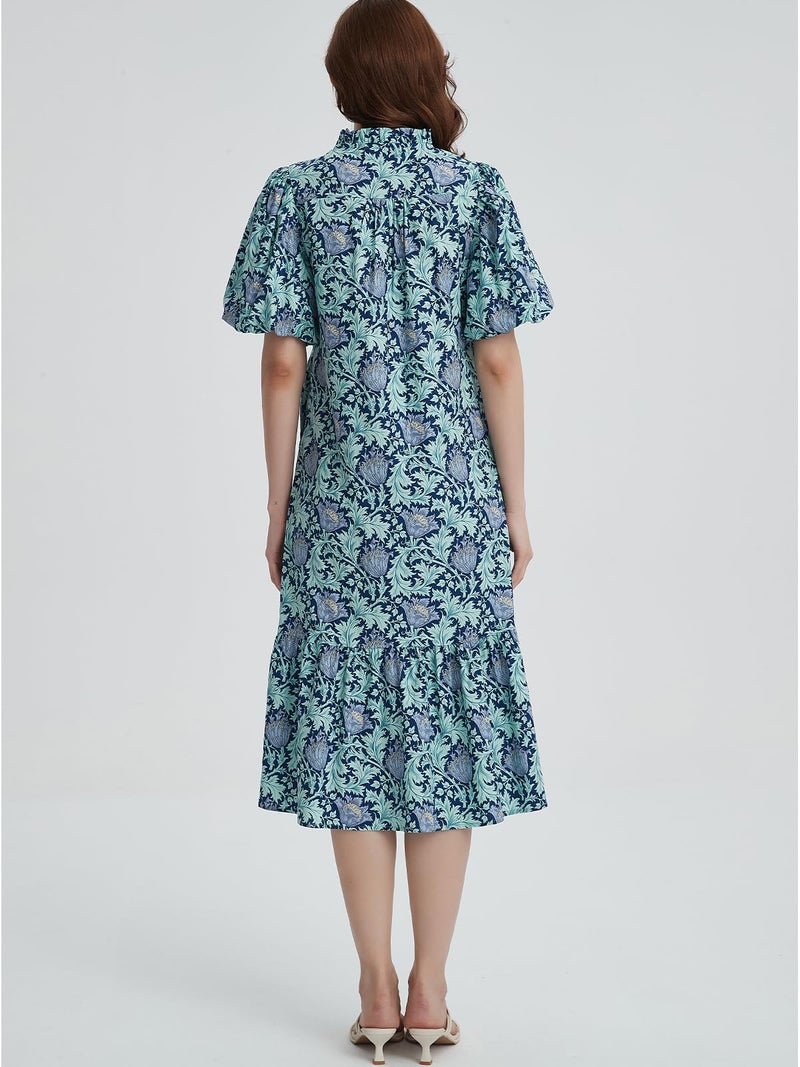 LifeShe Summer Floral Midi Dress for Women Spring Puff Short Sleeve Button Down Flowy Boho Dresses Blue - Image 2