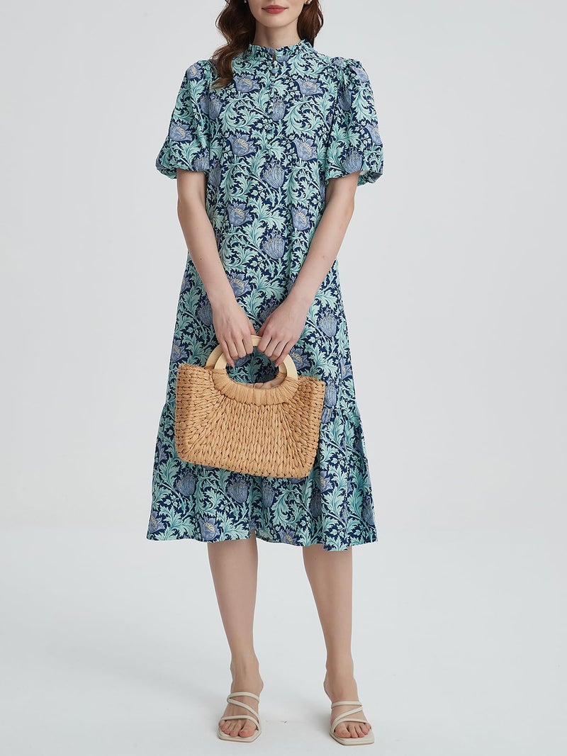 LifeShe Summer Floral Midi Dress for Women Spring Puff Short Sleeve Button Down Flowy Boho Dresses Blue - Image 3