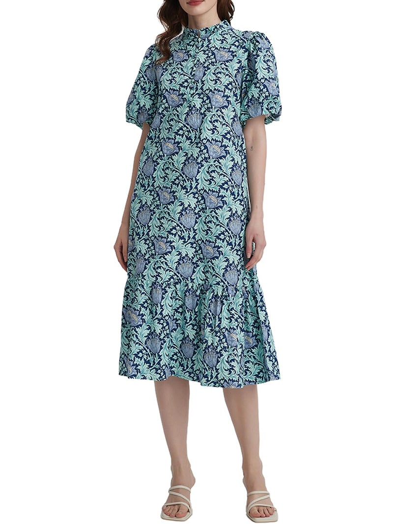 LifeShe Summer Floral Midi Dress for Women Spring Puff Short Sleeve Button Down Flowy Boho Dresses Blue - Image 1