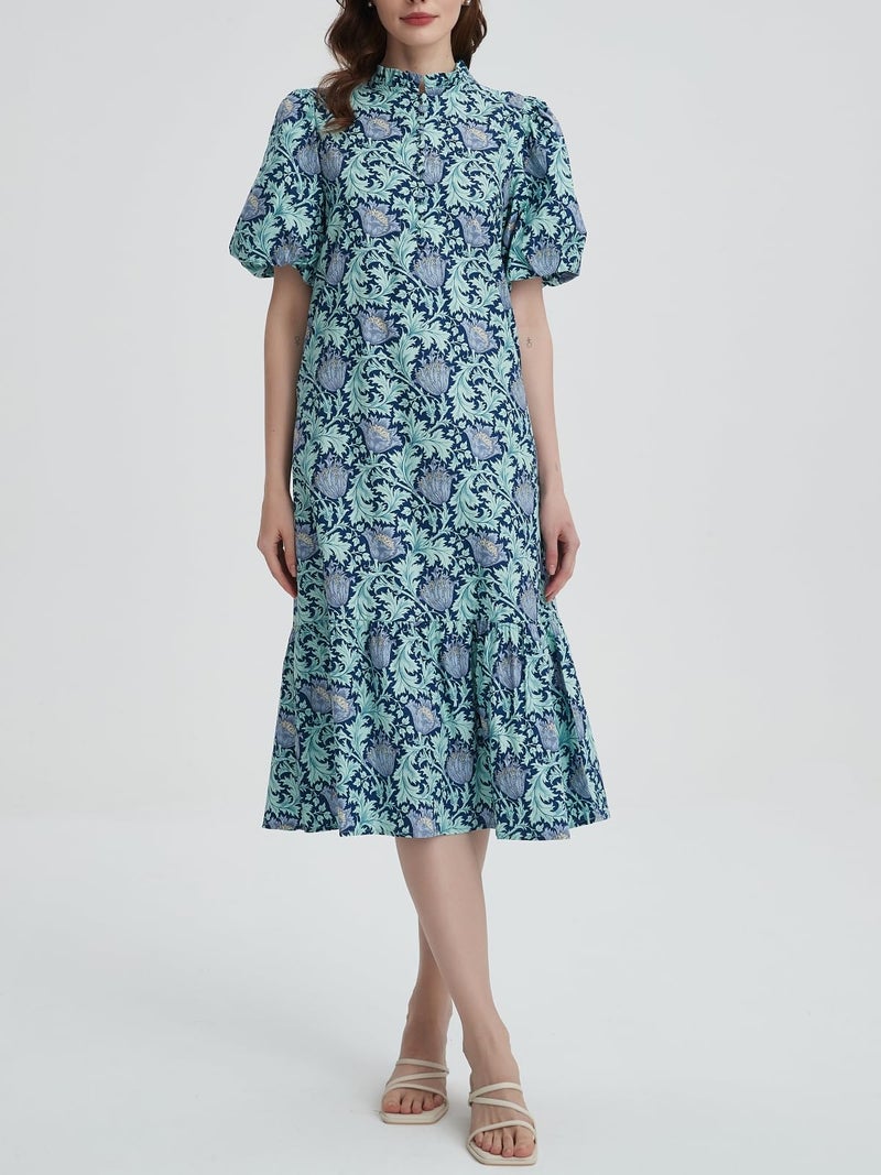 LifeShe Summer Floral Midi Dress for Women Spring Puff Short Sleeve Button Down Flowy Boho Dresses Blue - Image 5