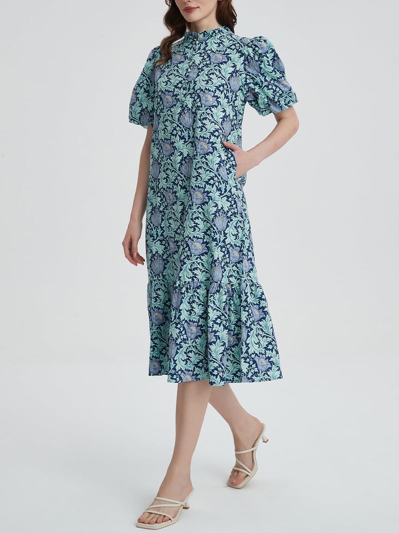 LifeShe Summer Floral Midi Dress for Women Spring Puff Short Sleeve Button Down Flowy Boho Dresses Blue - Image 4