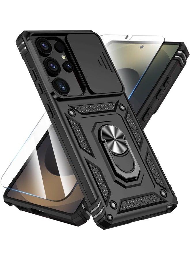 RUGGED SHIELD Samsung Galaxy S25 Ultra Case with HD Tempered Glass Screen Protector, Slide Camera Cover, Built-in 360° Rotate Ring Kickstand, Shockproof Drop Proof Protection, Heavy Duty Shockproof Protective Case for Samsung Galaxy S25 Ultra 6.9 inch (Black, 1+1 Pack)  - Image 1