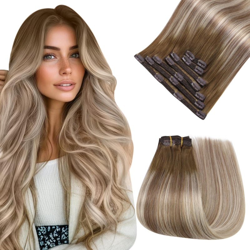 Easyouth Clip in Human Hair Extensions Balayage Hair Extensions Clip in Dark Brown Ombre Light Brown with Blonde Silky Real Hair Extension Clips in Human Hair Add Length and Volume 22Inch 120G 7Pcs