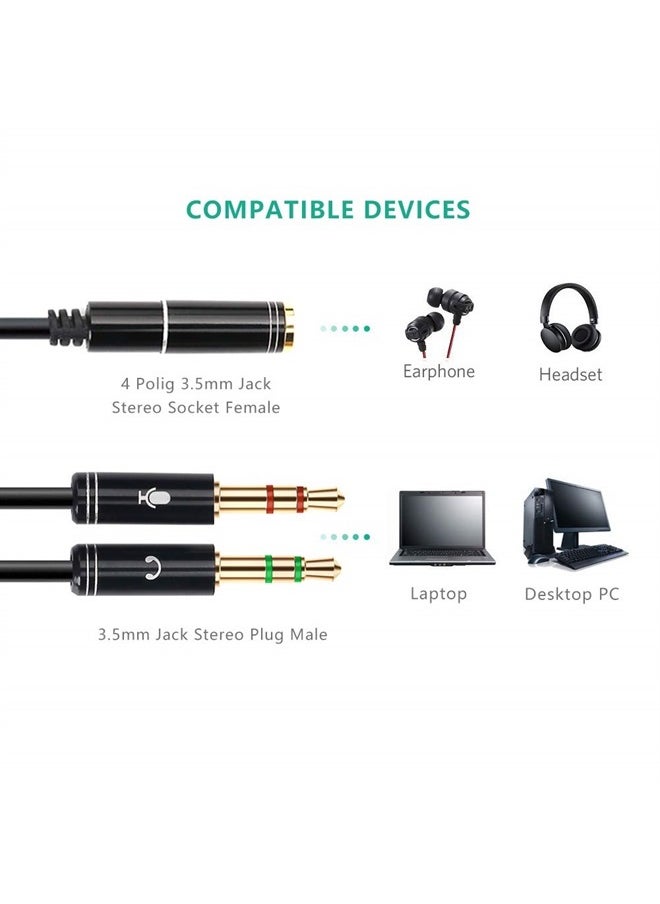 NANYI - 3.5mm 4 Pin Female to 2x3.5mm 3 Pin Male Headphone Converter Head Audio Splitter Y Adapter Cable, 0.3M 1FT (Black) - Image 1