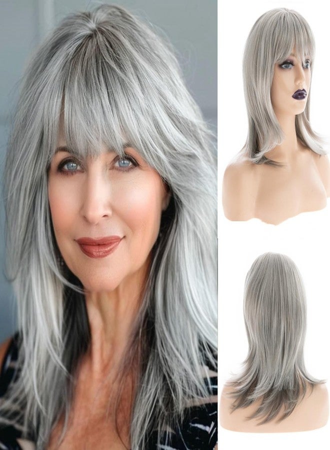 Beweig Long Gray Wigs for Women Natural Straight Grey Wig with Bangs Synthetic Hair Wig for Daily Party Use - Image 1