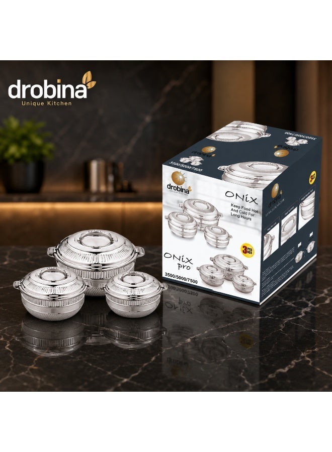 دروبينا طقم حافظات طعام حرارية دروبينا أونيكس برو – 3 قطع ستانلس ستيل بأحجام 3500 و5000 و7500 مل - Image 2