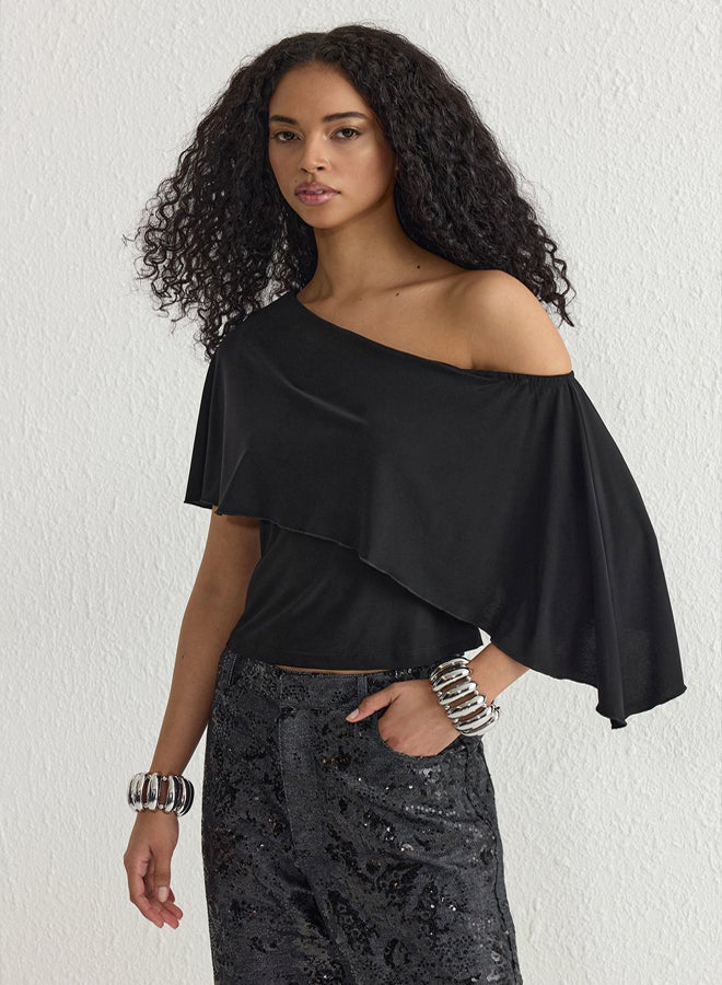 trendyol Black Asymmetric Cape Collar Knitted Blouse TPRSS25BZ00025 - Image 1