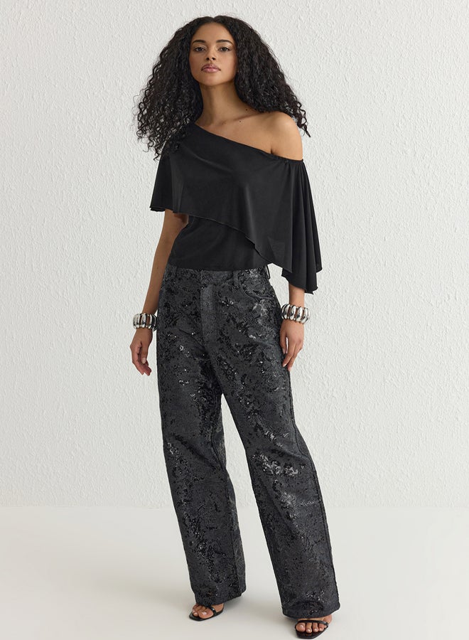 trendyol Black Asymmetric Cape Collar Knitted Blouse TPRSS25BZ00025 - Image 2