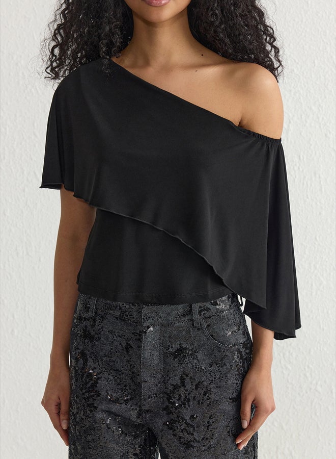 trendyol Black Asymmetric Cape Collar Knitted Blouse TPRSS25BZ00025 - Image 3