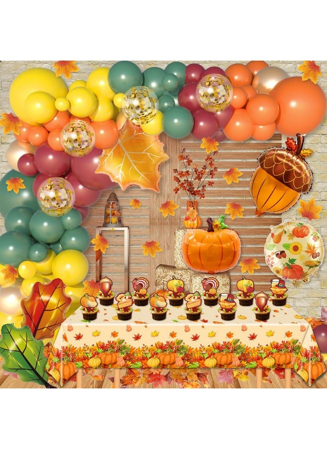 Bluegogo 210Pcs Fall Balloons Garland Arch Kit, Fall Party Decorations Thanksgiving Party Decorations Maple Balloons Leaves Tablecloth for Friendsgiving Autumn Little Pumpkin Baby Shower Party Supplies  - Image 1