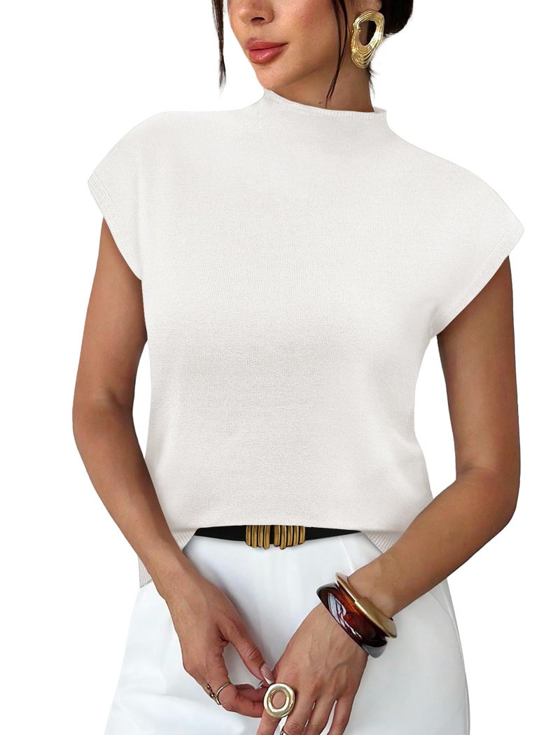 SAMPEEL Short Sleeve Sweater for Women Mock Neck Summer Tops Trendy Business Casual Outfits Spring Clothes Office Work Tops Dressy Casual Blouses Ladies Shirts Easter Fashion Clothing White M - Image 1