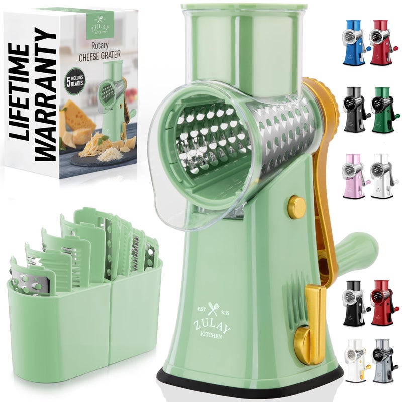 Zulay Kitchen Rotary Cheese Grater 5 Blade Cheese Shredder Manual Hand Crank Cheese Grater With Reinforced Suction 5 Interchangeable Drums Easy to Use Vegetable Chopper Round Mandoline Slicer - Image 2